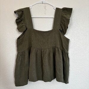 NWT MIOU MUSE Army Green Linen/Cotton Ruffle Sleeve Blouse Sz M